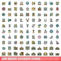 100 medic student icons set, color line style vector