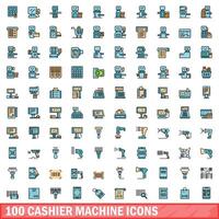 100 cashier machine icons set, color line style vector