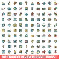 100 product review blogger icons set, color line style vector