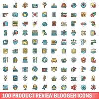 100 product review blogger icons set, color line style vector