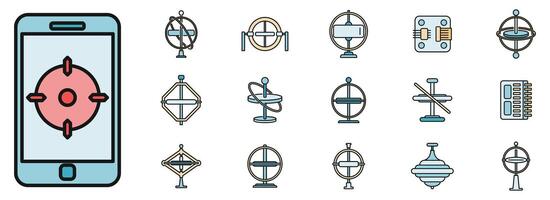 Gyroscope instrument icons set vector color line