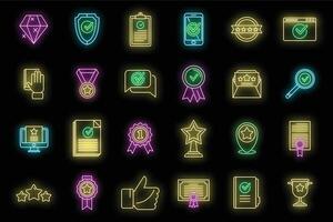 Quality assurance exam icons set vector neon