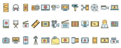 Online video editing icons set vector color line