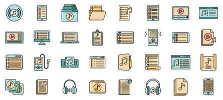 Listening playlist icons set vector color line