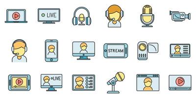 Live streaming icons set vector color line