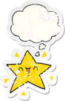 desenho animado feliz Estrela com pensamento bolha Como uma angustiado desgastado adesivo png