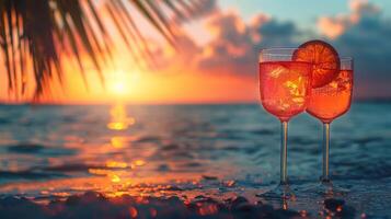 AI generated Two Glasses of Ice Tea on a Beach at Sunset photo