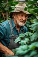 AI generated Man in Hat Picking Leaves From Tree photo