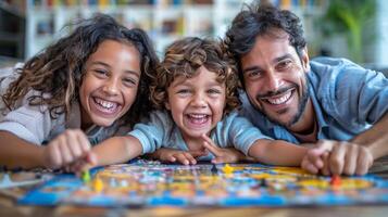 AI generated Man and Two Children Playing With Puzzle photo