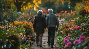 ai generado dos personas caminando a lo largo forrado de flores camino foto