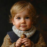 ai generado joven chico vistiendo suéter participación de madera objeto foto