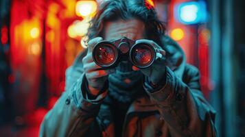 AI generated Man Looking Through Binoculars in City at Night photo