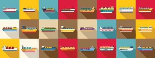 Gas carrier ship icons set flat vector. Energy terminal port vector