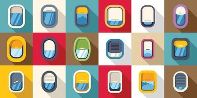 Airplane window icons set flat vector. Plane flight vector