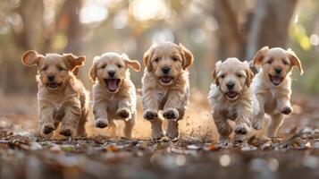 ai generado grupo de cachorros corriendo mediante bosque foto