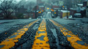 AI generated City Street With Cars and Buildings on a Rainy Day photo