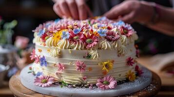ai generado persona decorando pastel con flores foto