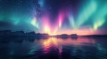 AI generated Colorful Aurora Bore Over Water photo