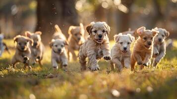 ai generado grupo de cachorros corriendo alrededor un árbol foto