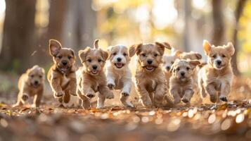 ai generado grupo de cachorros corriendo mediante bosque foto