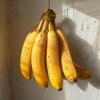 AI generated Bunch of Ripe Bananas Hanging From Hook photo