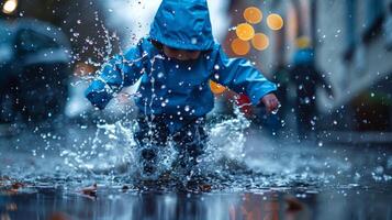 AI generated Person in Blue Jacket Running Through Puddle photo