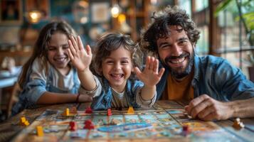 ai generado hombre y dos niños jugando con rompecabezas foto