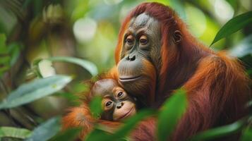 ai generado madre orangután participación bebé en árbol foto