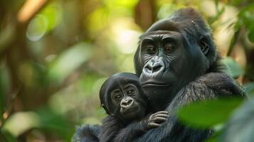 ai generado madre gorila y bebé en selva foto