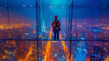 ai generado hombre en pie en parte superior de alto edificio foto