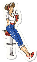 Distressed Sticker Tattoo im traditionellen Stil eines Pinup-Mädchens, das einen Milchshake trinkt png