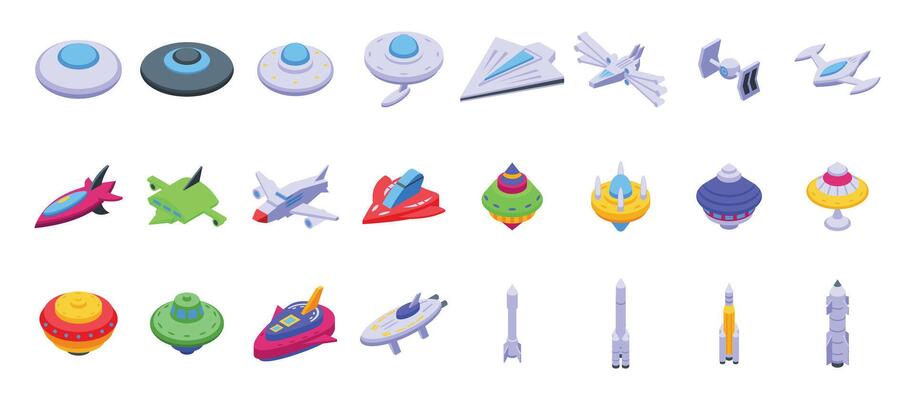 Alien cosmic starship icons set isometric vector. Fantasy spaceship
