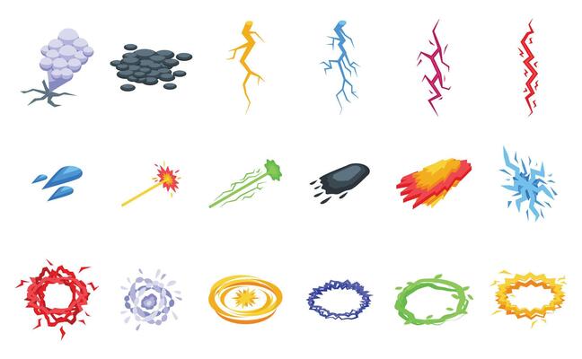 Magic power strike effect icons set isometric vector. Ice piece