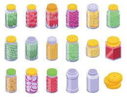 Pickled food jars icons set isometric vector. Preserved product vector