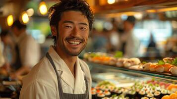 AI generated Man Standing in Front of Sushi Display photo