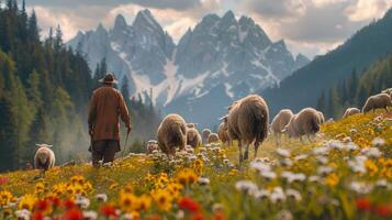 ai generado manada de oveja pasto en lozano verde ladera foto