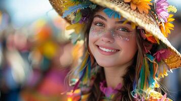 ai generado mujer vistiendo sombrero con flores foto