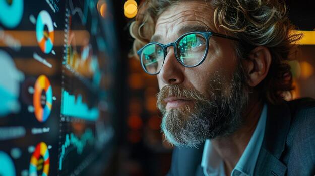 AI generated Man With Glasses Looking Out a Window photo