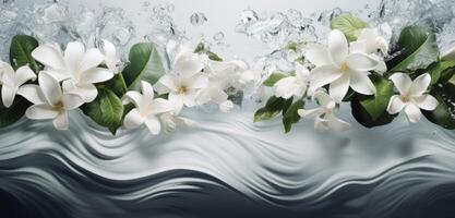 AI generated white background with white water and leaves floating in the water that is surrounded by white tiles photo