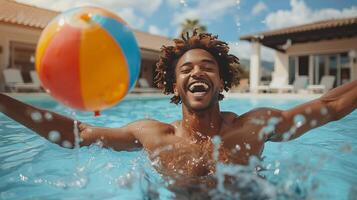 ai generado hombre jugando con playa pelota en piscina foto