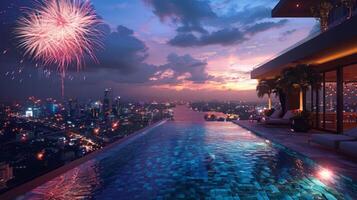 AI generated City Night View From Pool photo