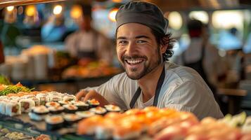 ai generado hombre en pie en frente de Sushi monitor foto