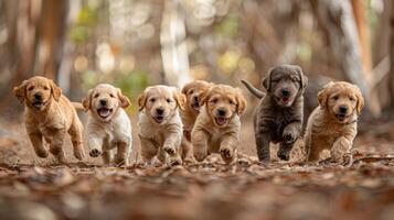 ai generado grupo de cachorros corriendo alrededor un árbol foto