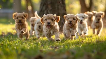 ai generado grupo de cachorros corriendo mediante bosque foto