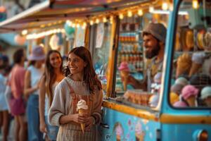 ai generado un caprichoso escena de un persona comprando un hielo crema cono desde un vistoso hielo crema camión foto