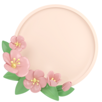 3d pastel pink corner cherry flowers with round frame, botanical spring arrangement, floral clip art, bouquet element decor illustration png