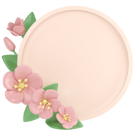 3d pastel pink corner cherry flowers with round frame, botanical spring arrangement, floral clip art, bouquet element decor illustration png