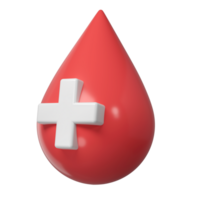 3d rosso sangue far cadere con medico attraversare simbolo icona aiuto donazione e assistenza sanitaria laboratorio concetto. cartone animato minimo stile rendere illustrazione png
