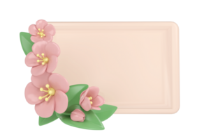 3d pastel pink corner cherry flowers with rectangle frame, botanical spring arrangement, floral clip art, bouquet element decor illustration png