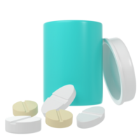 3d pill bottle medical icon pharmacy render. Turquoise plastic supplement jar. Protein vitamin capsule packaging, large powder remedy cylinder pharmaceutical drugs health png